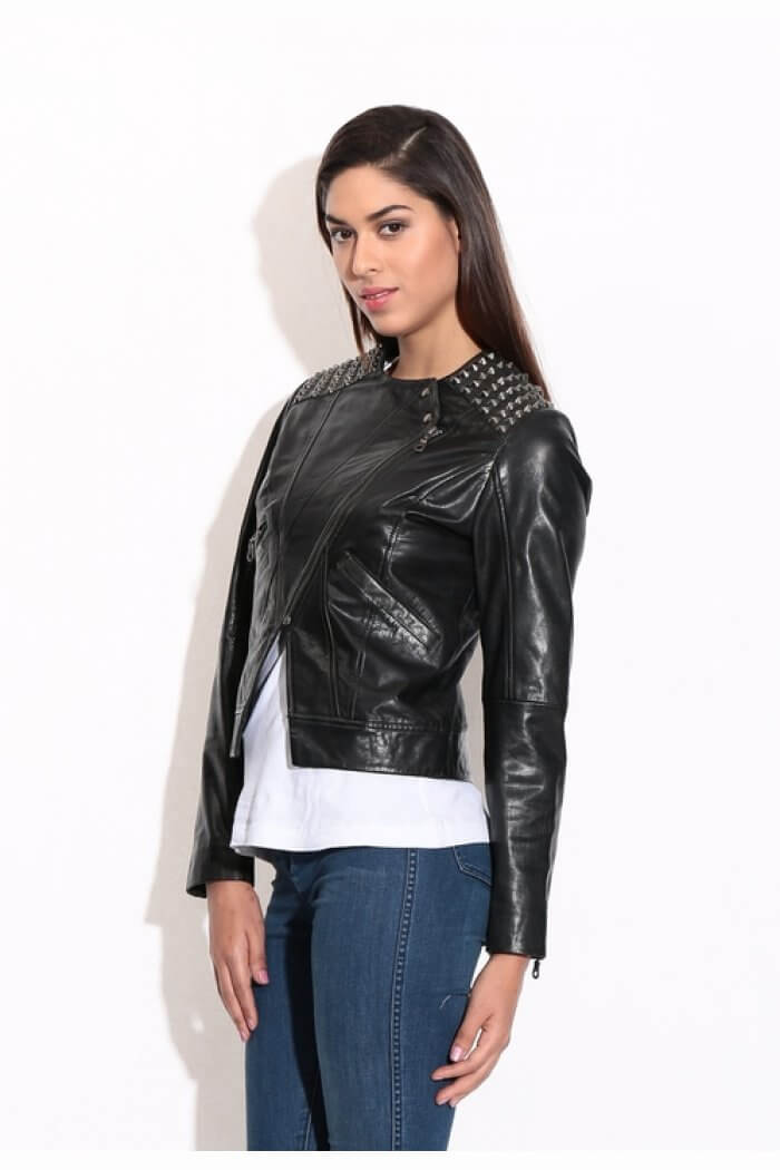 Theo&Ash - Buy women's leather jackets online, black metal studded ...