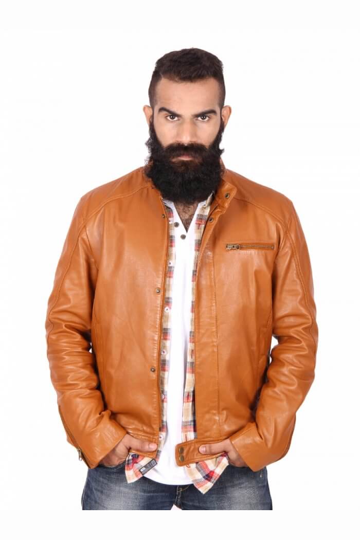 Theo Ash Round Neck Tan Leather Jacket For Men In Theo Ash Round Neck Tan Leather Jacket For Men In India Theoandash Com