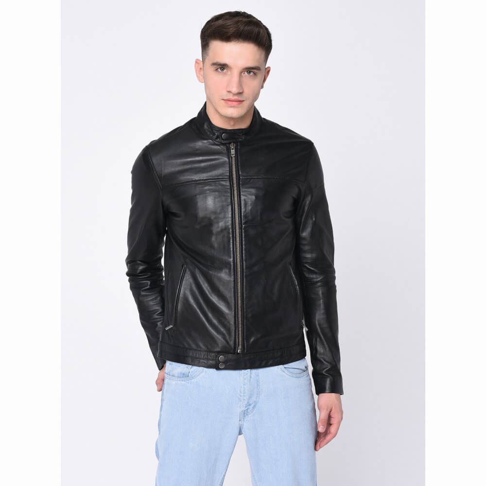 Crew neck sales leather jacket