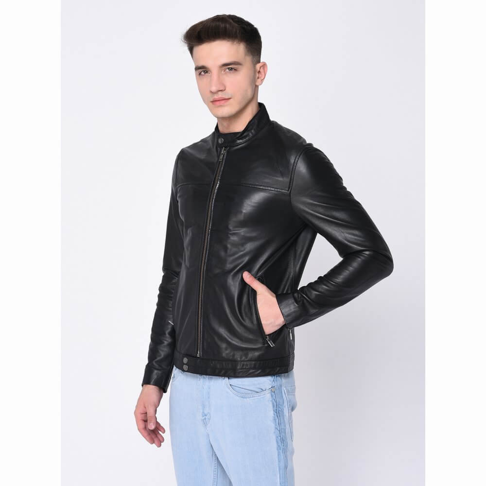 Theo&Ash - Buy Black Round Neck Leather Jacket for Men Online in India ...