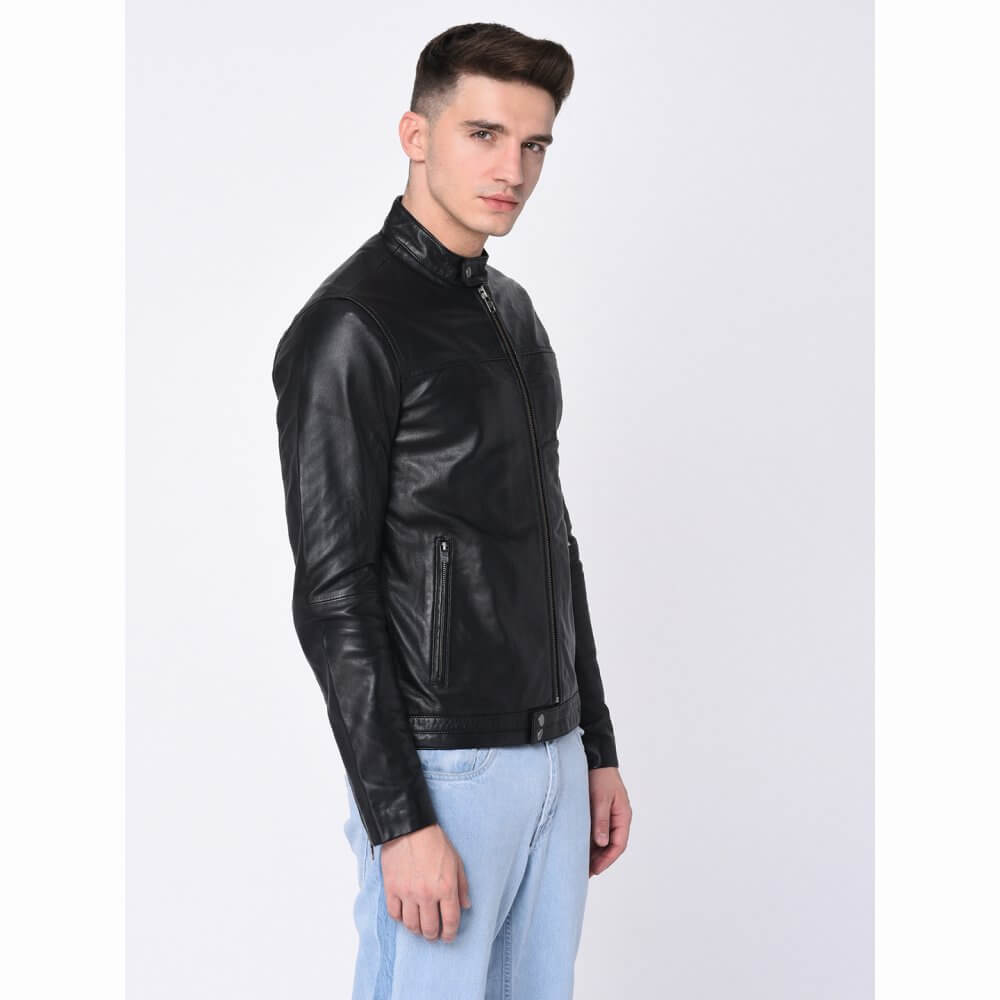 Theo&Ash - Buy Black Round Neck Leather Jacket for Men Online in India ...