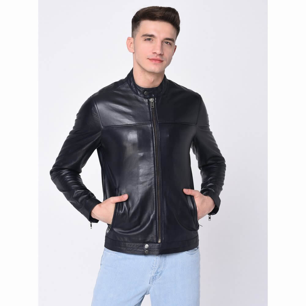 Theo Ash Buy Blue Round Neck Leather Jacket for Men Online in India Theo Ash www.theoandash